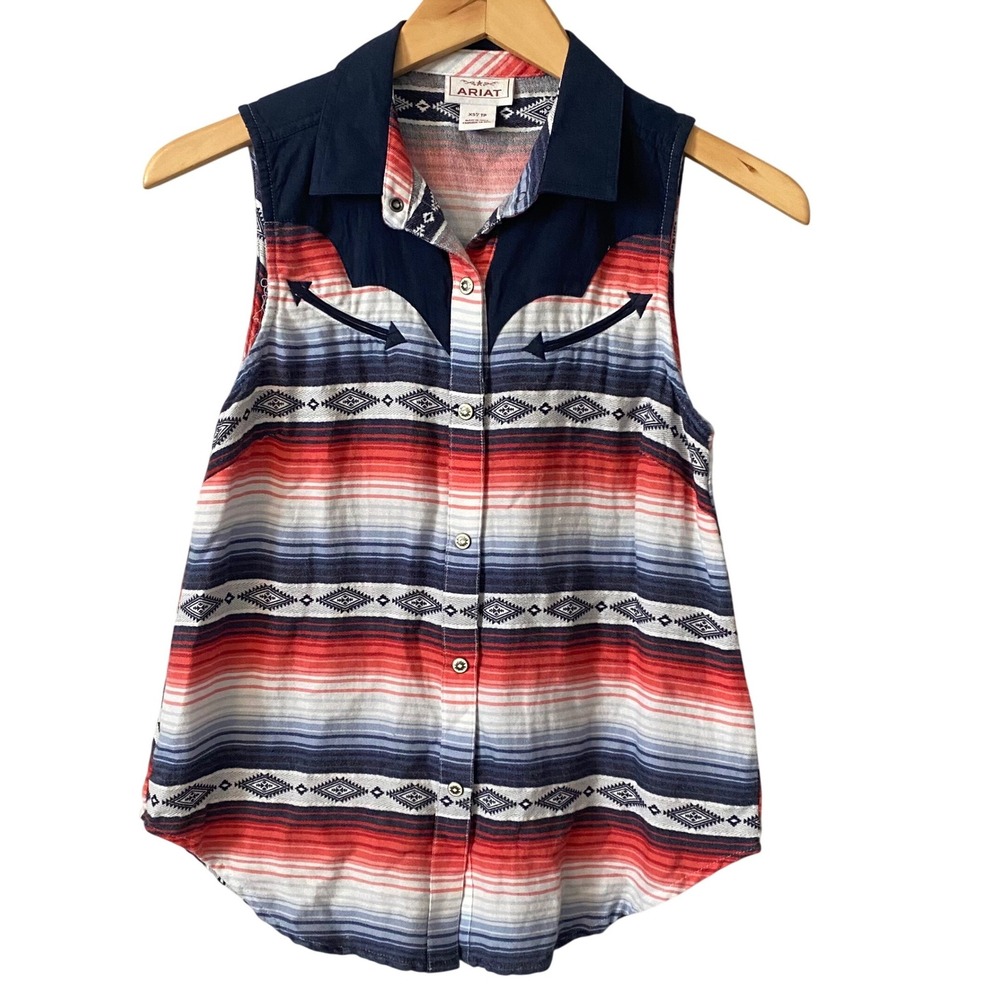 Ariat Womens Summer Solstice Sleeveless Western Snap Shirt Red Blue Serape XS